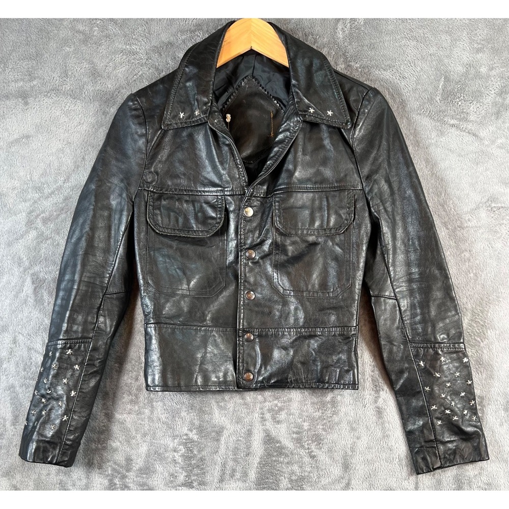 Vintage Leather Moto Jacket Womens Small Black Star Studded Biker Grunge Indie